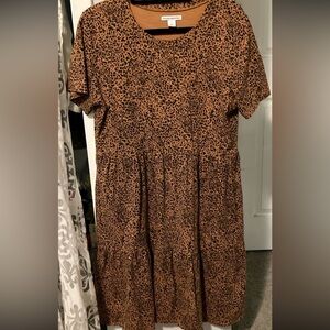 Amazon Essentials Brown Leopard Print Short Sleeve Tiered Mini Dress